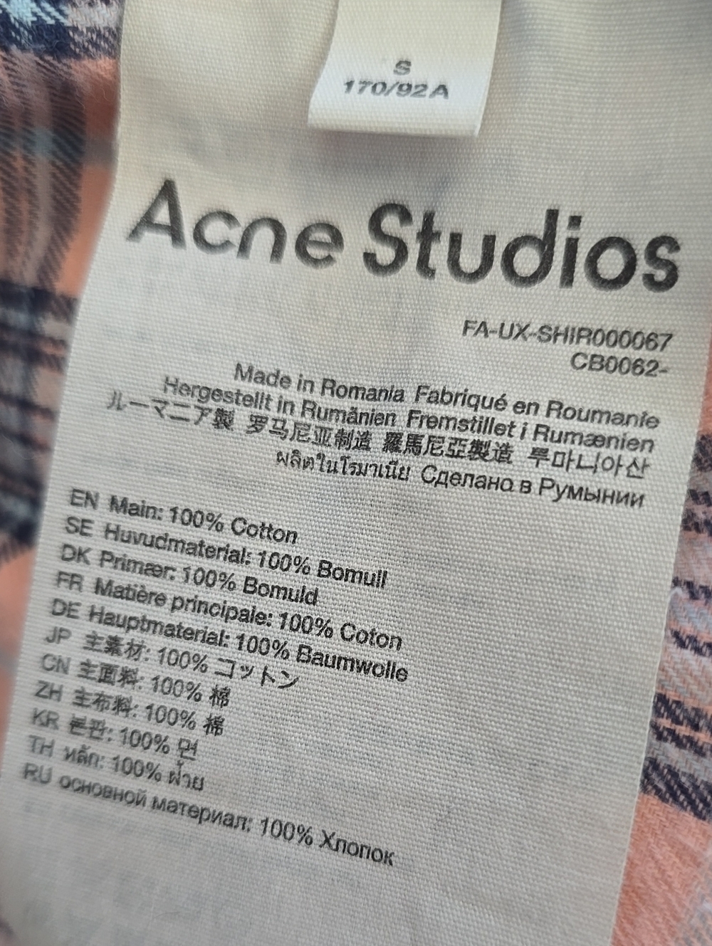 Acne Studios Plaid Cotton Flannel Shirt Shorts Set Pink Blue 100% Cotton #Z - Picture 6 of 16
